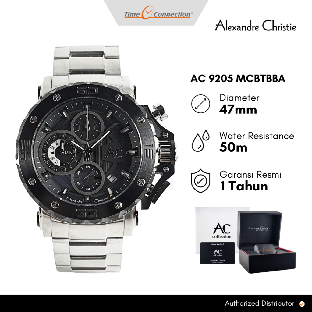 Alexandre Christie AC 9205 MCBTBBA Silver Hitam Original / Jam Tangan Pria Analog Rantai AC Collecti