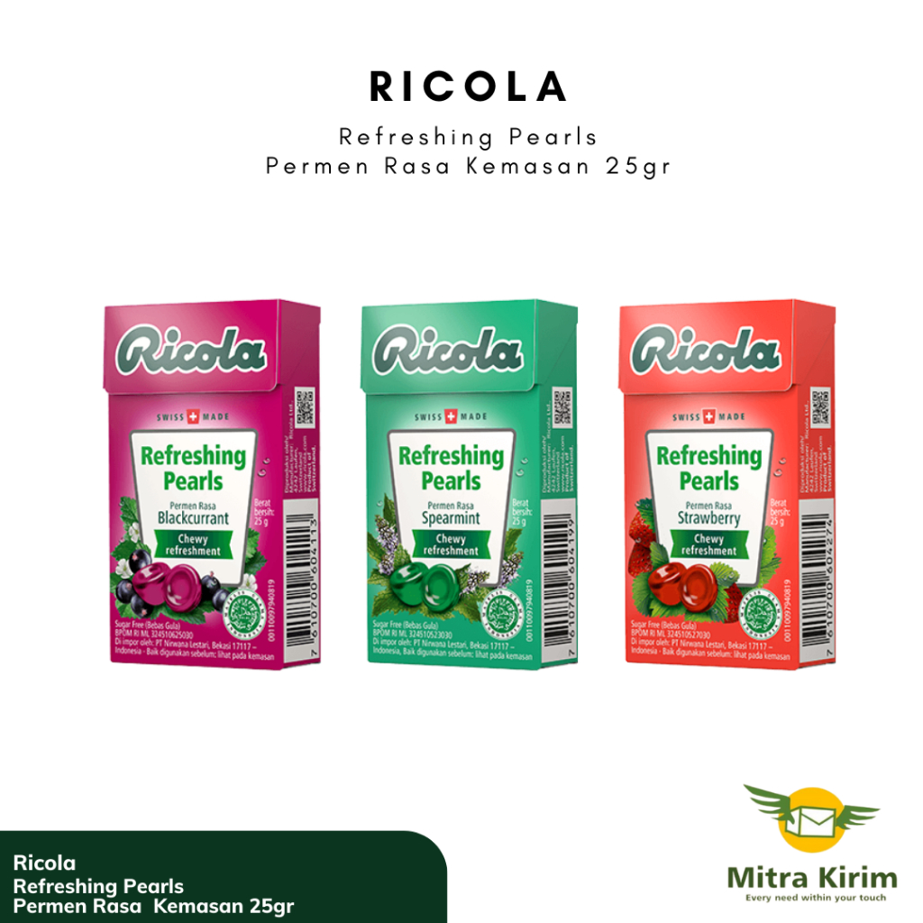 Ricola Refreshing Pearl Permen Rasa Blackcurrant/Spearmint/Strawberry 25gr