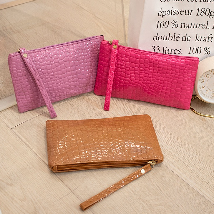 ST Pouch Kulit Croco Panjang / Pouch Bag Mini Polos / Pouch HP Pouch Kartu Pouch Serbaguna / Dompet 