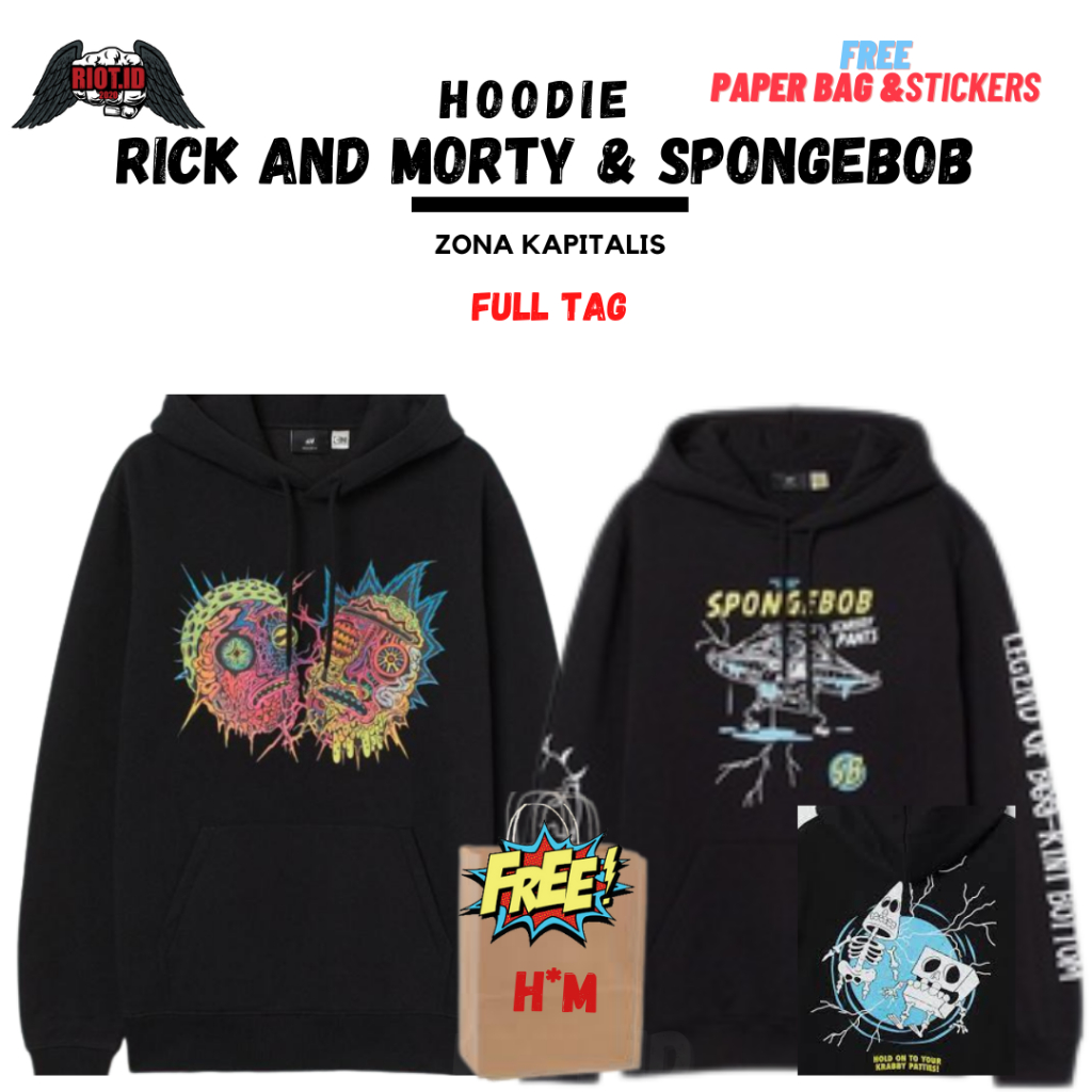 (3.3) Hoodie Jaket Sweater HM Rick and Morty Spongebob Hitam Black Free PaperBag Full Tag Crewneck P
