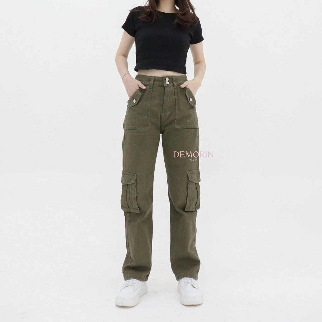 DEMORIN - Celana Highwaist Cargo Jeans Straight Bawahan Wanita X56 Army