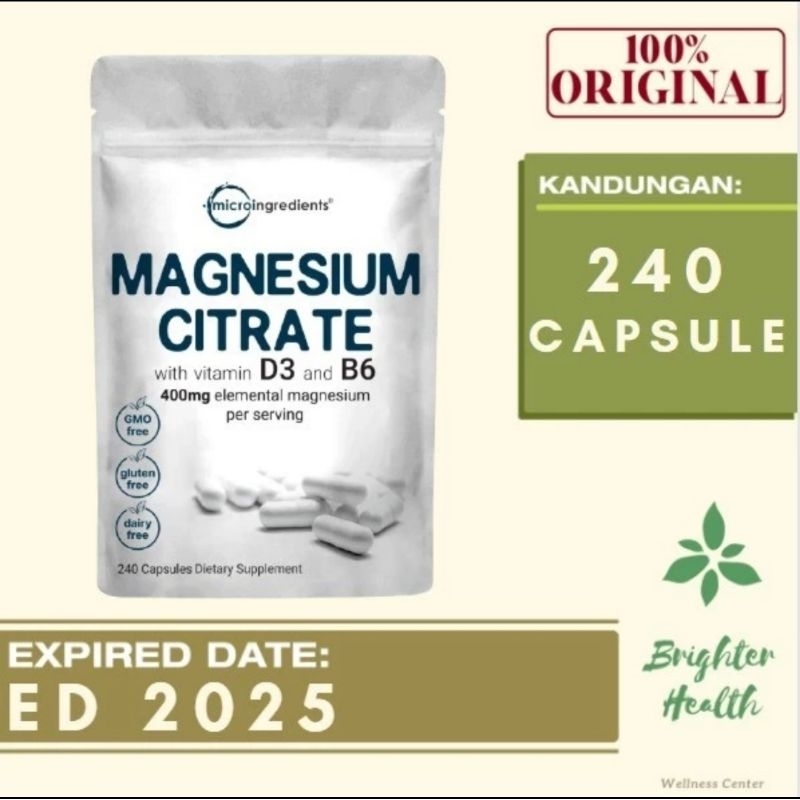 Microingredients Magnesium Citrate 400mg Isi 240 Capsul Vitamin D3 B6 400mg Magnesium Citrate