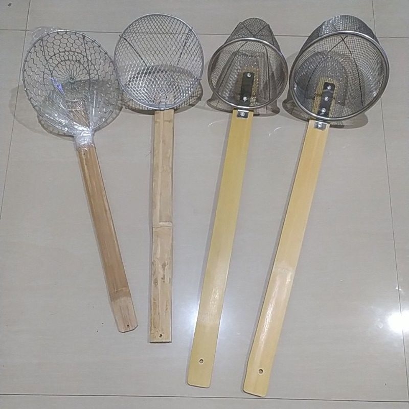Saringan Serok mie kocok stainless panjang +-44 cm,saringan mie ayam gagang bambu, saringan mie oklo