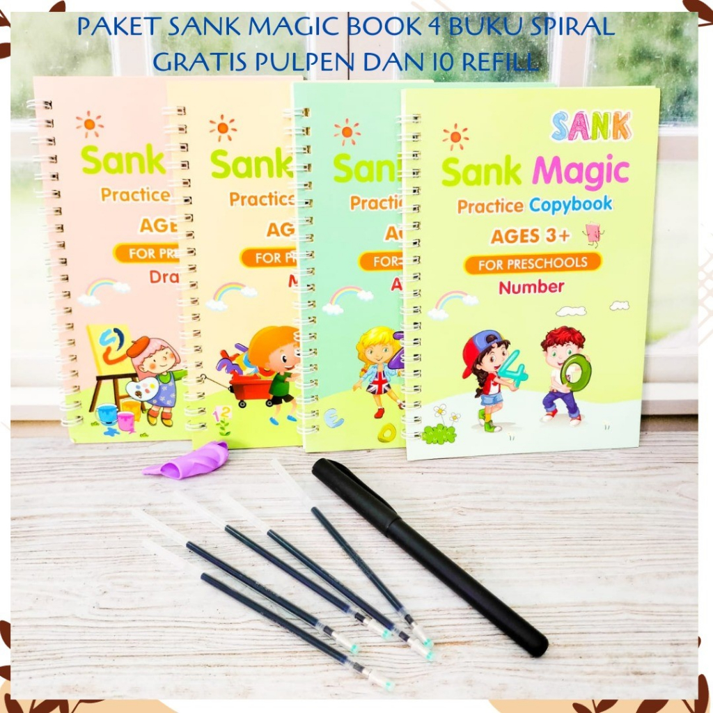 

PAKET SANK MAGIC BOOK 4 BUKU SPIRALL GRATIS PULPEN DAN 10 REFILL TERMURAH COD