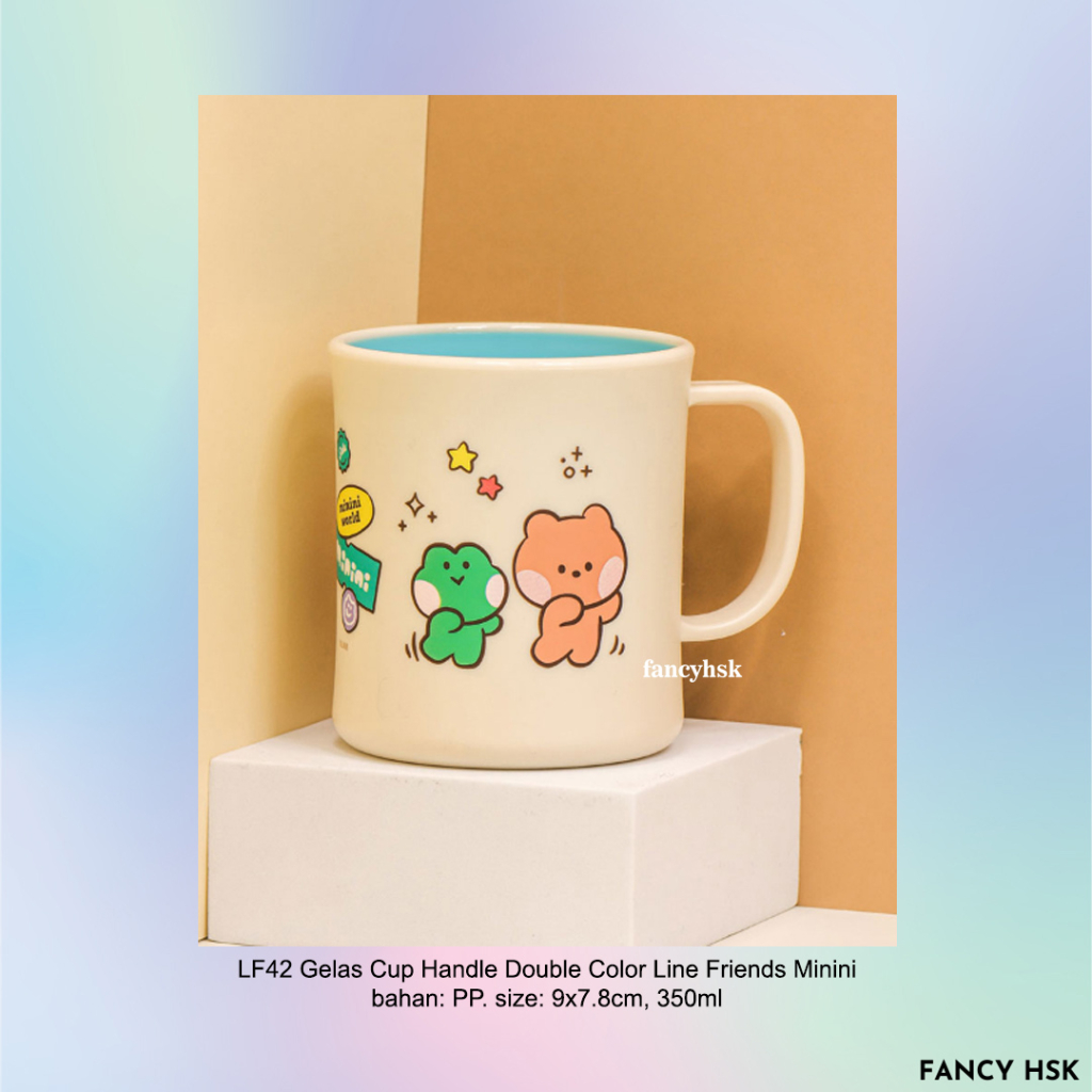 KOREA GELAS CUP HANDLE DOUBLE COLOR LINE FRIENDS MININI LF42