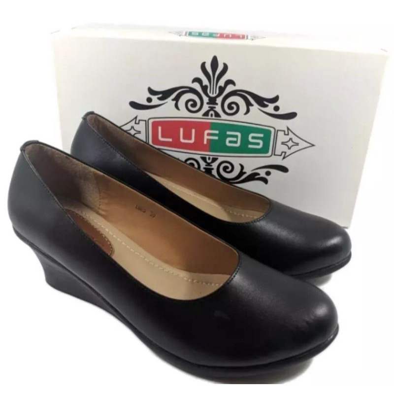sepatu wedges kerja wanita kulit LUFAS hitam hak 5 cm size 39