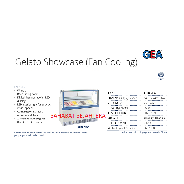 GEA Gelato Showcase (Fan Cooling) BRIO-7FG Freezer Eskrim