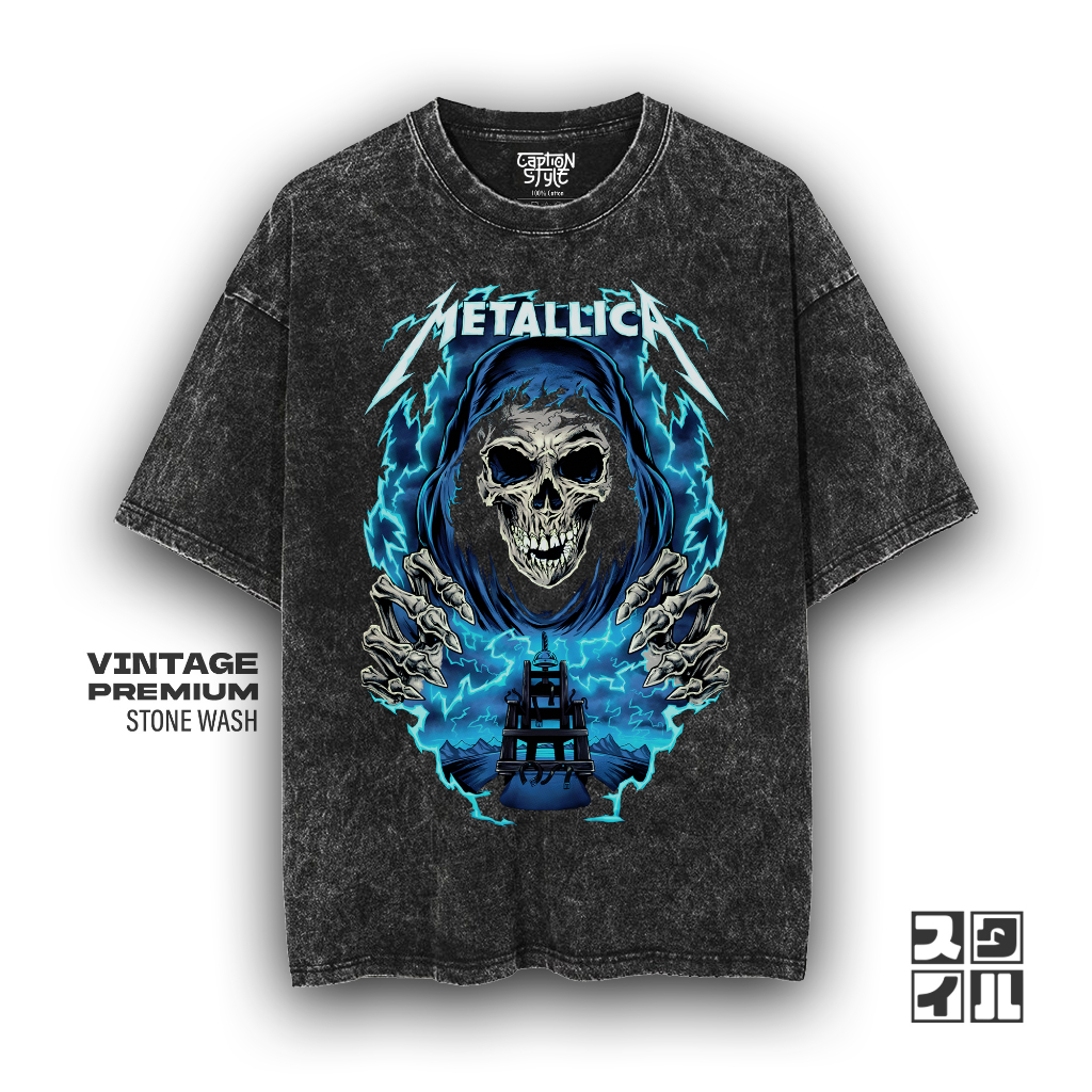 Caption'Style Baju Band Metallica BLUE AURA Kaos Stonewash | Kaos Oversize Wanita | Kaos Pria | Kaos