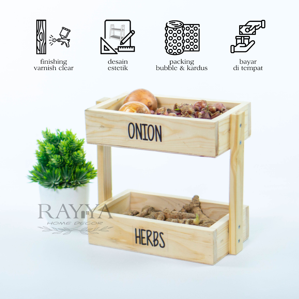 Rak bawang kayu serbaguna susun / rak bawang kayu free sticker