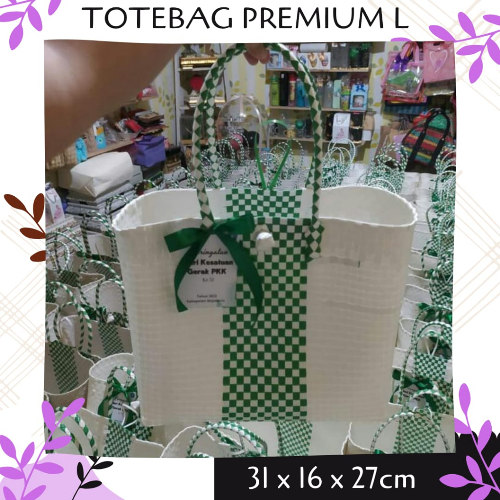 

Tas Anyaman Premium Model Tote Size L Putih Hijau