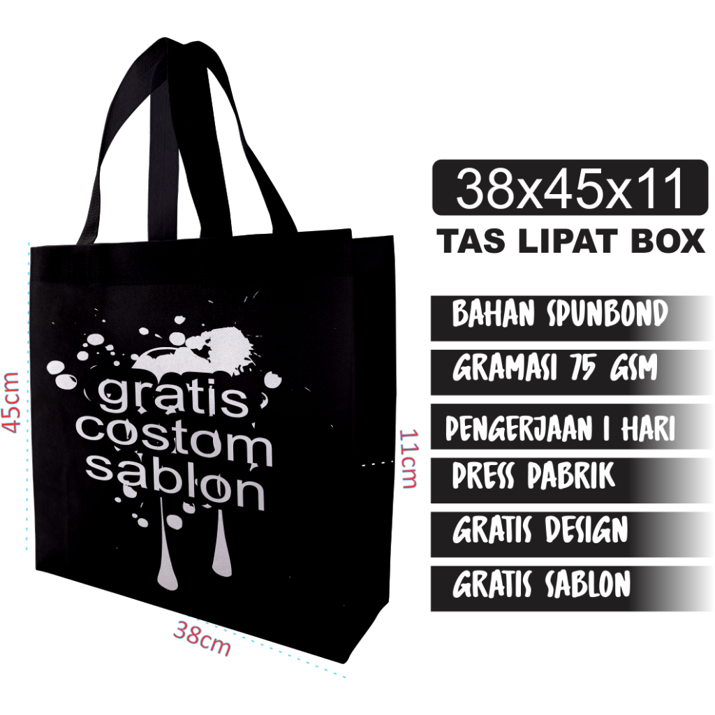 

TAS SPUNBOND CUSTOM STANDING HANDEL BOX 38×45×12 TAS SEMBAKO PROMOSI ONLEN OFLEN PASHION