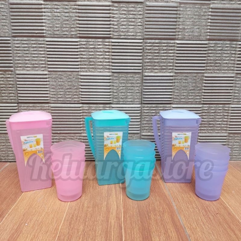 ESKAN  PIKNIK SET LEMONY PASTEL Teko set gelas plastik/eskan set gelas 4pcs + Teko mini picnic set e