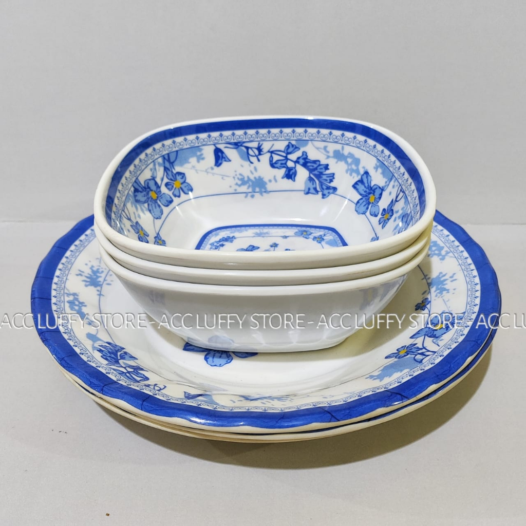 SATU LUSIN/12 PCS SET PIRING MANGKOK MELAMIN MOTIF BUNGA - PIRING MELAMIN MOTIF - MANGKOK KOTAK MELA