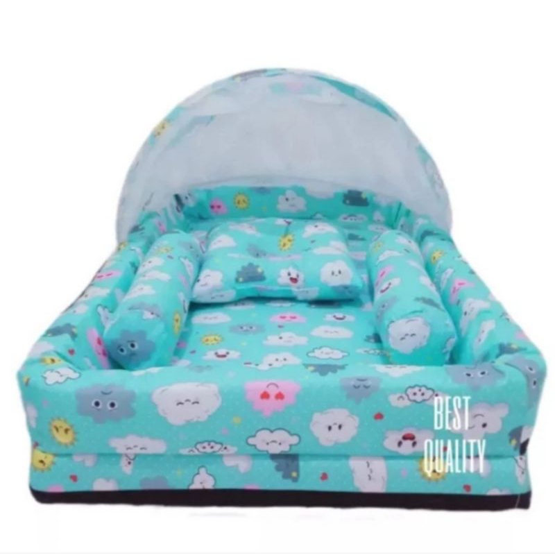 Kasur Bayi Model Kolam Motif Awan Hijau Set Kelambu