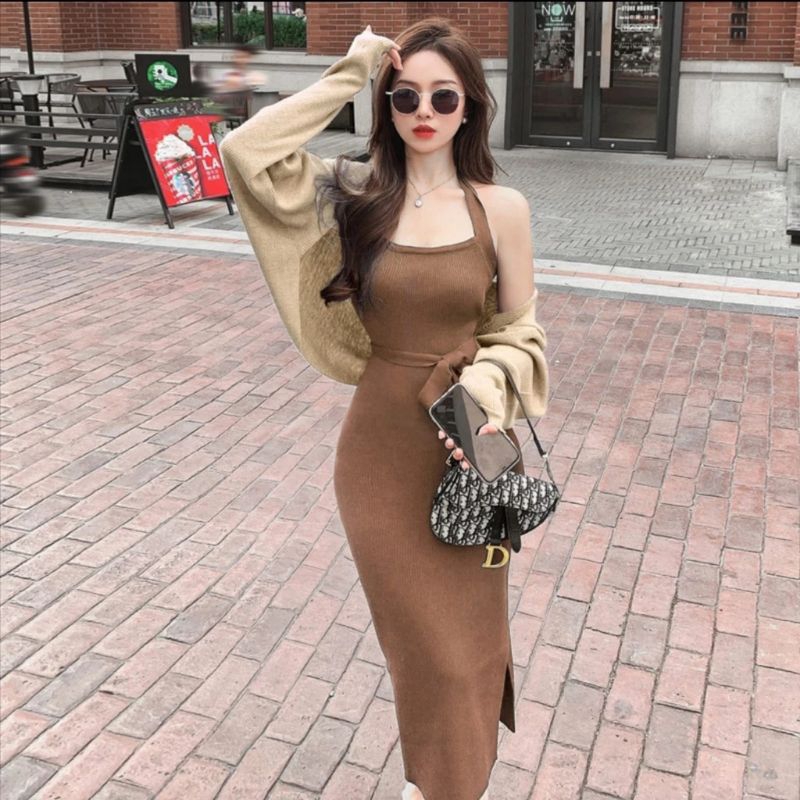 0350 Baju mididress HALTER NECK BODYCON RAJUT dres Korea Korean style wanita import baju midi dress 