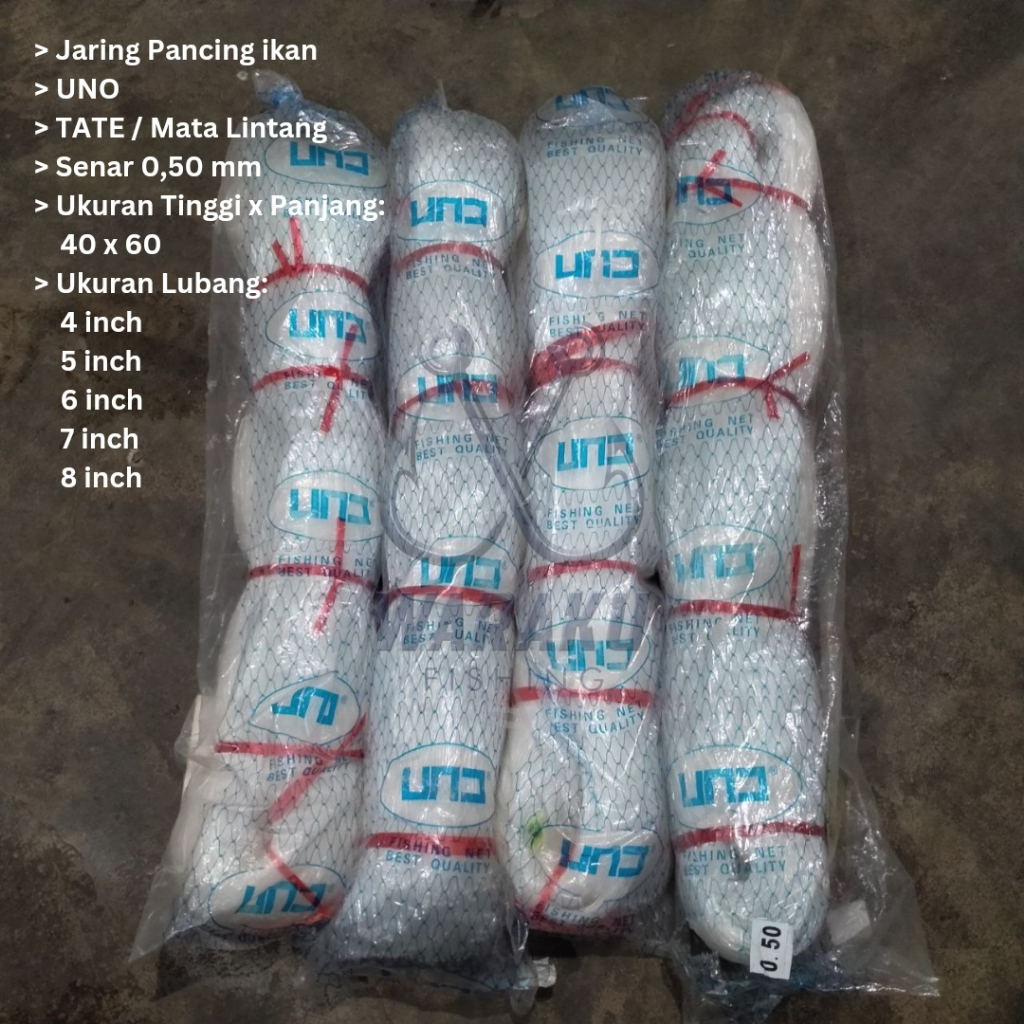 Jaring Ikan / Pukat UNO 0.50 Lubang 4 inch ~ 8 inch 40x60 TATE