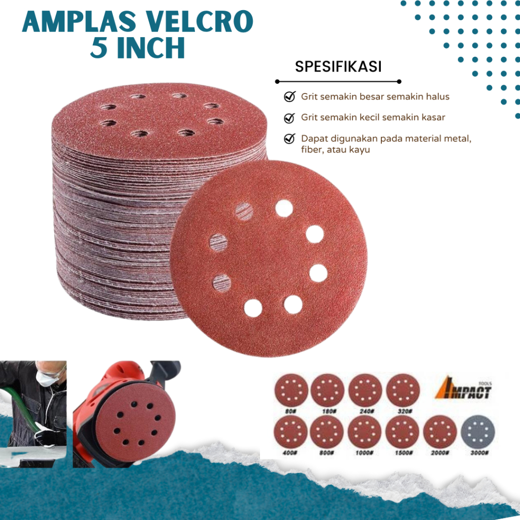 Amplas Bulat Velcro 5 Inch 8 Lubang Grit P 60 Ampla Bulat 5" 80 100 120 150 240 400 Refill Amplas Go