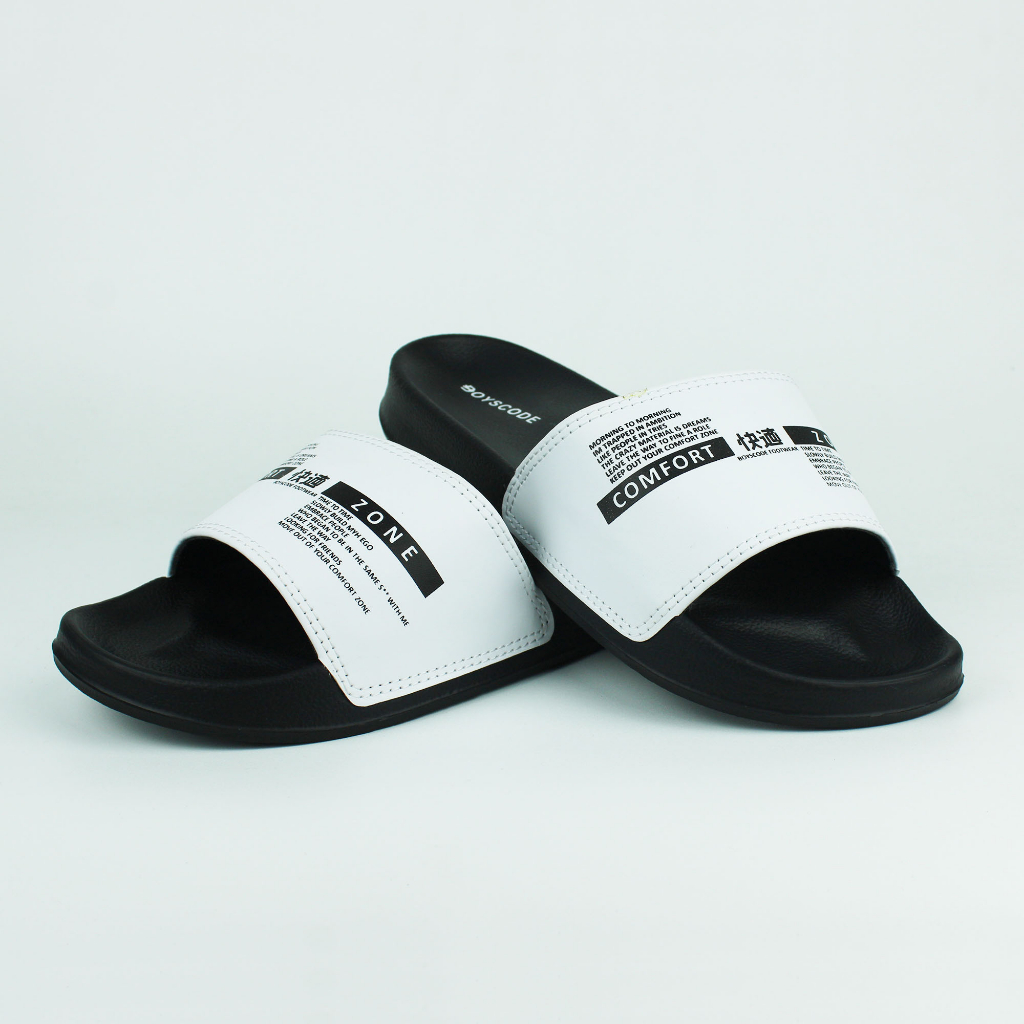 Sendal Selop Karet Distro Pria Wanita BOYSCODE Comfort Zone Hitam Putih / Slop Pria / Slip On Pria / Slide Pria