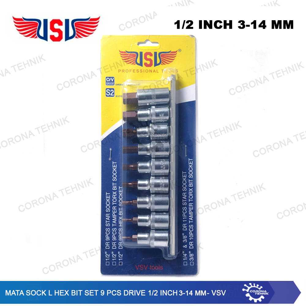 Drive 1/2 Inch H3-H14 - 3-14 mm - VSV - Mata Sock L Hex Bit Set 9 Pcs