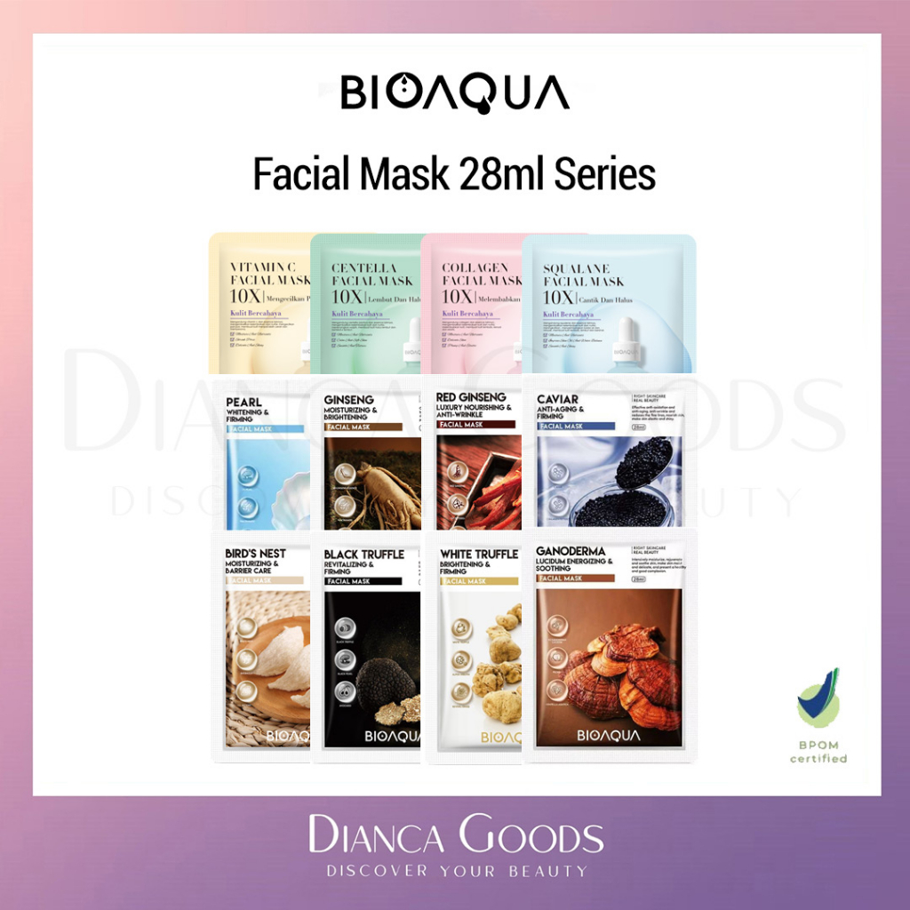 BIOAQUA Facial Mask 28ml Series | Vit C / Centella / Collagen / Squalane / Pearl / Ginseng / Red Gin