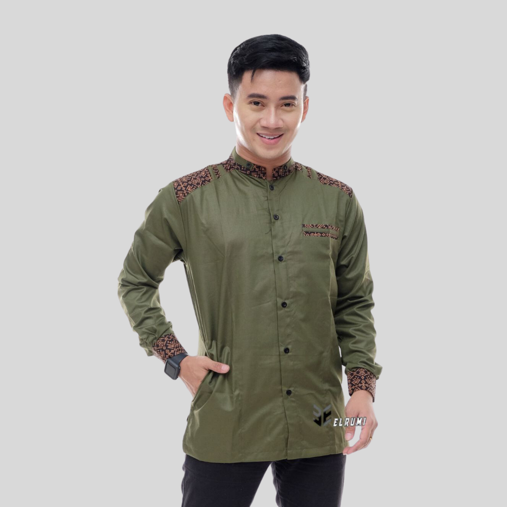 Baju Koko Pria warna Hijau Olive Lengan Panjang Motif Adidis Kombinasi Batik Elrumi