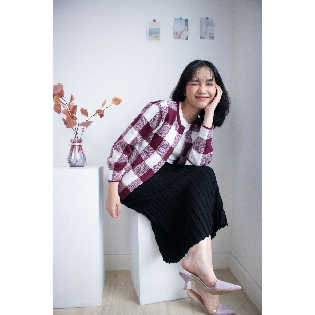 RHEA GINGHAM ATASAN BLAZER RAJUT TANGAN PANJANG WANITA