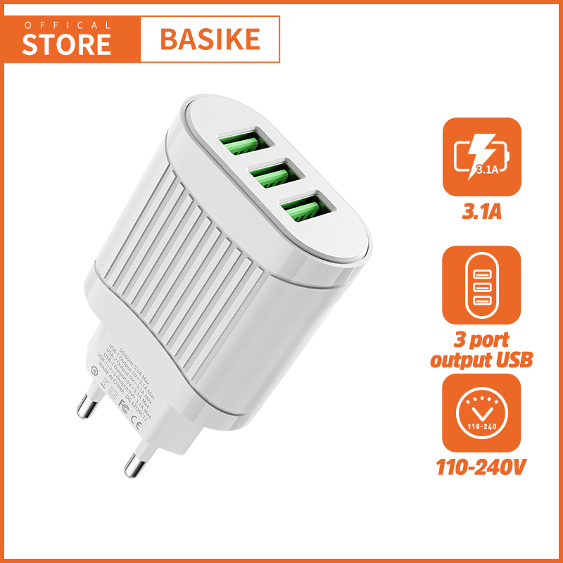 BASIKE Charger Adaptor Fast Charging iPhone oppo samsung xiaomi kepala charger USB*3 15w Wall Charger Quick 3.0 Universal 1 tahun garansi