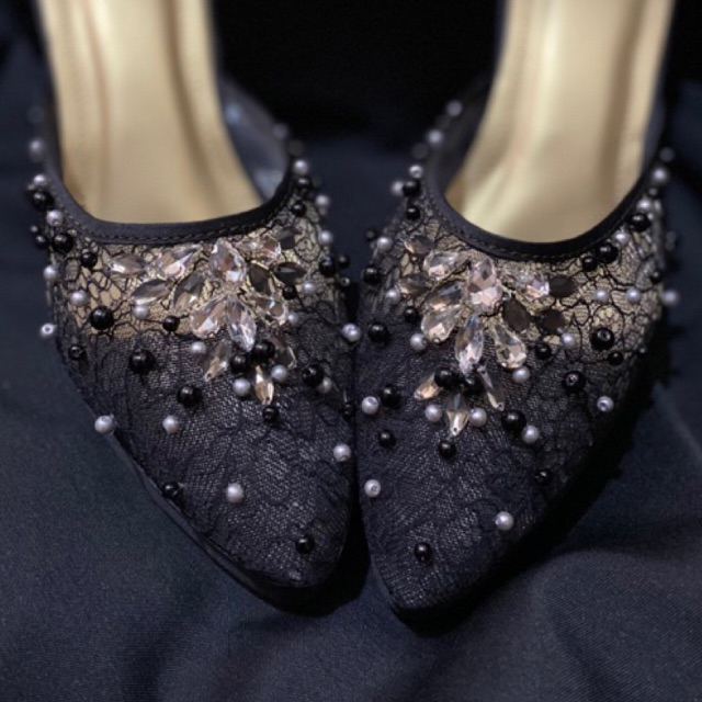 Heels Pesta Brukat Premium Tinggi 9cm Warna Hitam