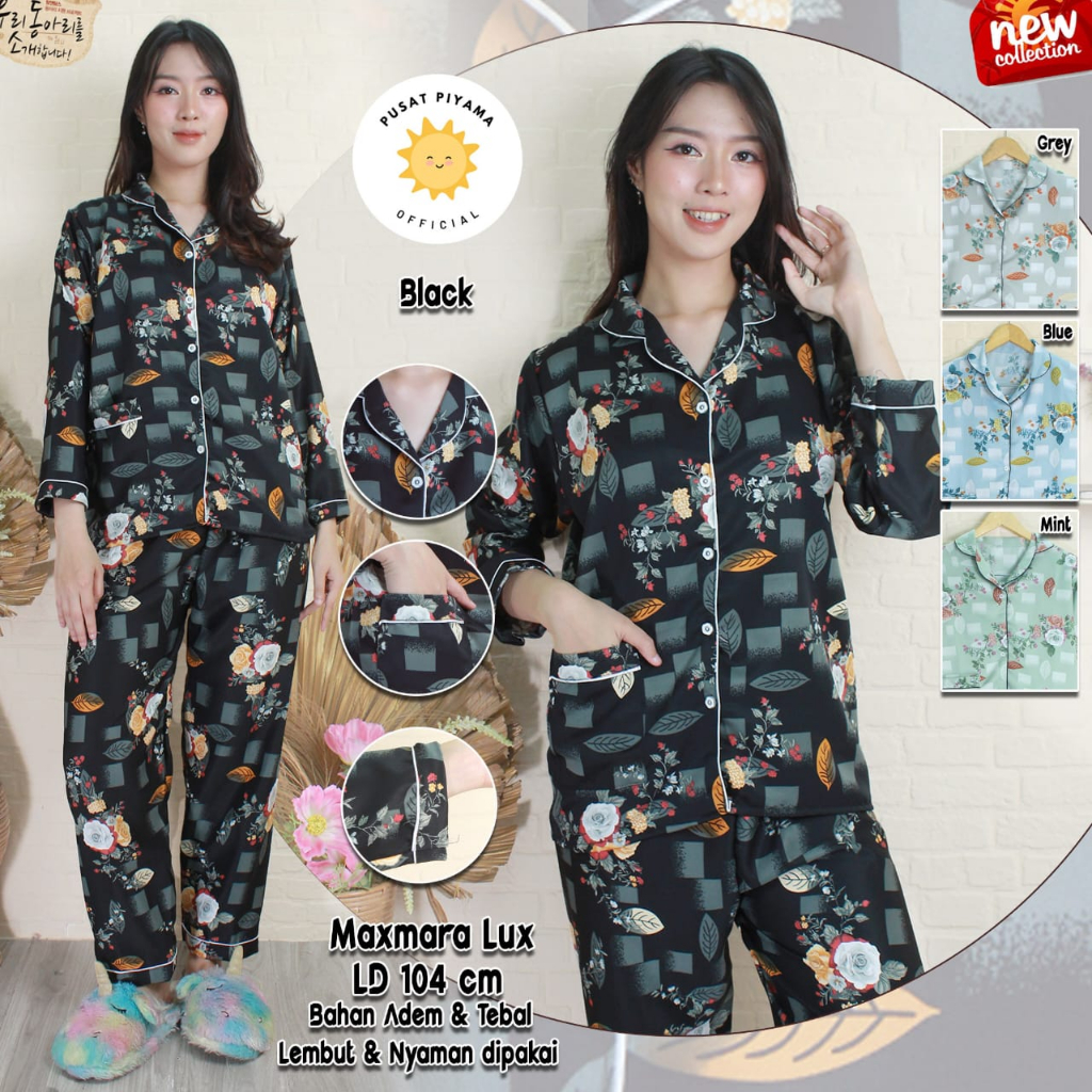 Set Piyama Wanita Bahan Maxmara Lux Motif Bunga Ukuran All Size Fit to L