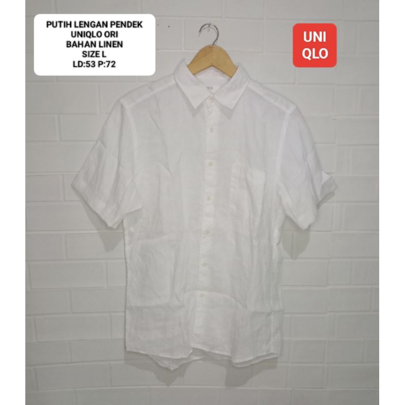 KEMEJA POLOS PUTIH UNIQLO SIZE L LENGAN PENDEK BAHAN LINEN