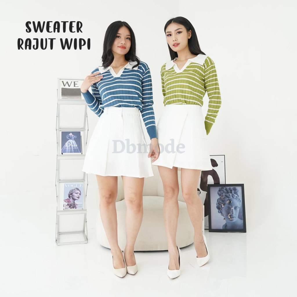 Sweater Rajut Knit Wanita Korean Style Motif Stripe Garis Kekinian Kerah Premium Wipi MF
