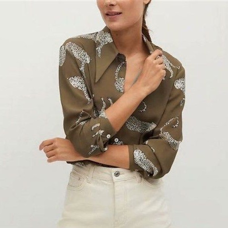 31465 Kemeja Hijau Wanita Lengan Panjang Motif Leopard