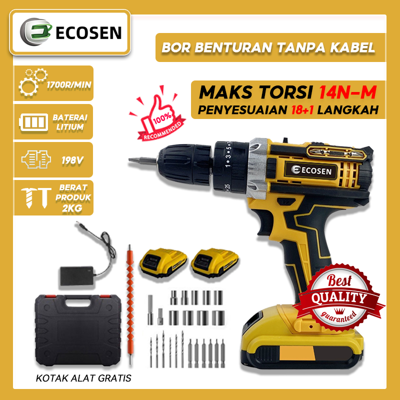 ECOSEN Mesin Bor Baterai Tangan With 2 Baterai 198VF Bor Tanpa Kabel Baterai Li-ion bor listrik murah bor tangan baterai besi tembok Beton kayu