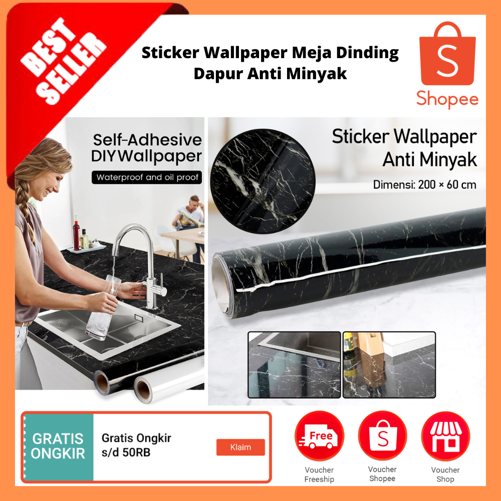 Sticker Wallpaper Meja Dinding Dapur Anti Minyak / Kertas Dinding Berperekat Vinil Lebar Stiker taha