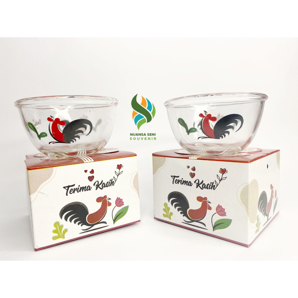 Souvenir Mangkok Sambal Kaca Motif Ayam Jago Betina Mangkuk Sereal Beling Mangkok BIB3.75B Kemas Box