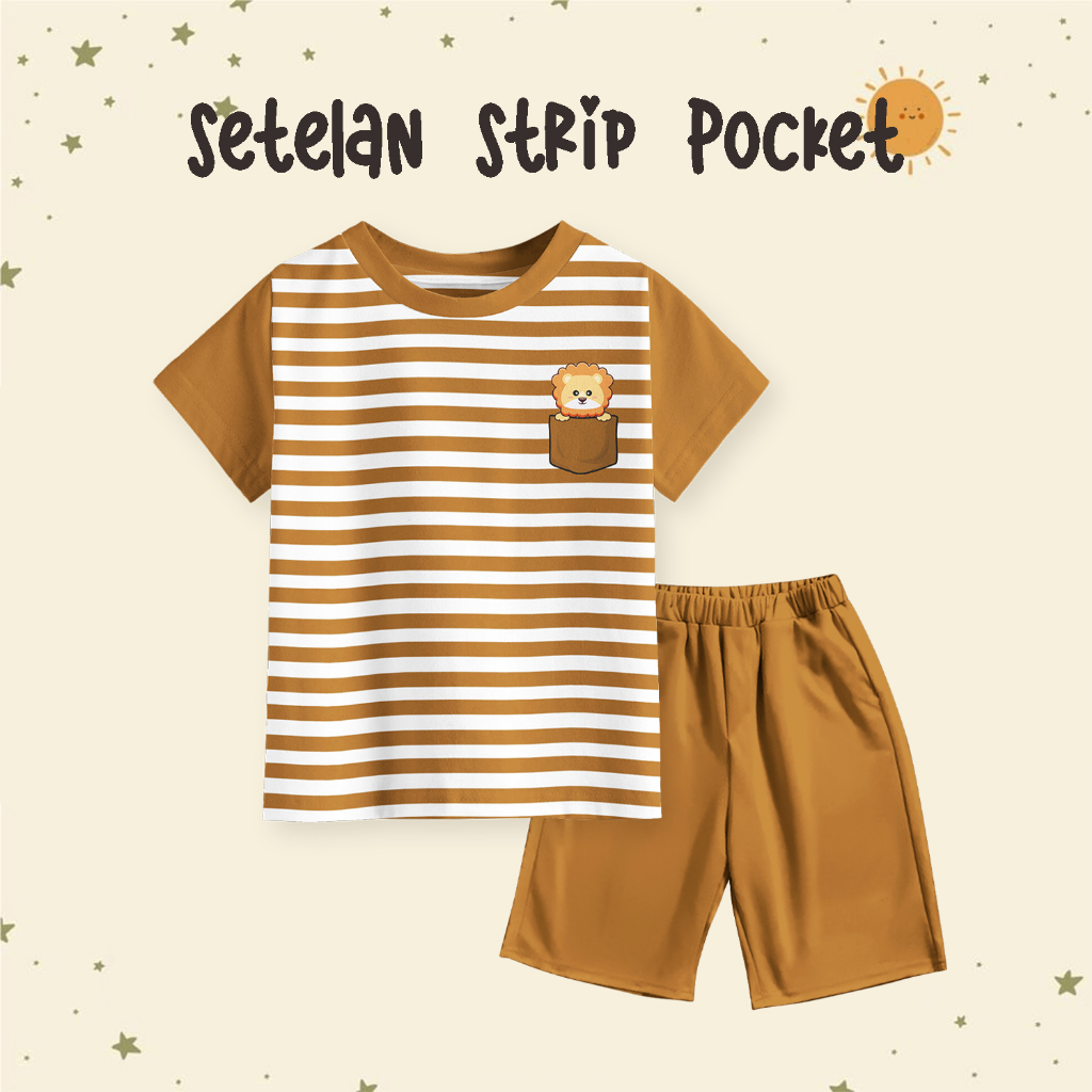 	 Setelan Kaos Salur Anak Laki-laki dan Perempuan 1-10 Tahun Motif In Pocket Singa	