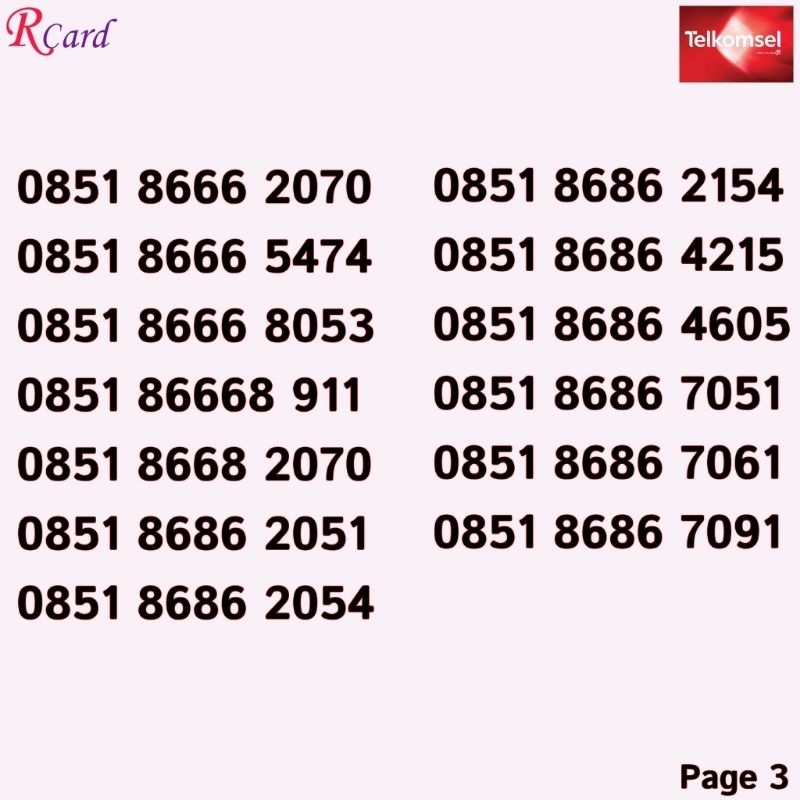 Perdana Nomor Cantik Simpati Telkomsel 8686 2051 2054 2154 4215 4605 7051 7061 7091 5474 2070 8053 9