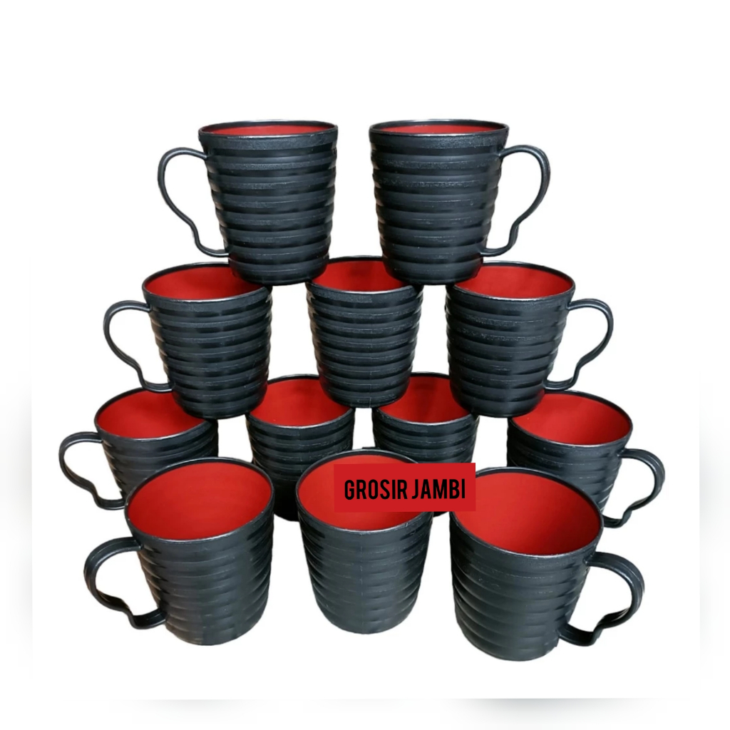 Gelas minum ramen plastik bukan melamin cangkir style jepang warna hitam merah gelas 2 warna gelas h