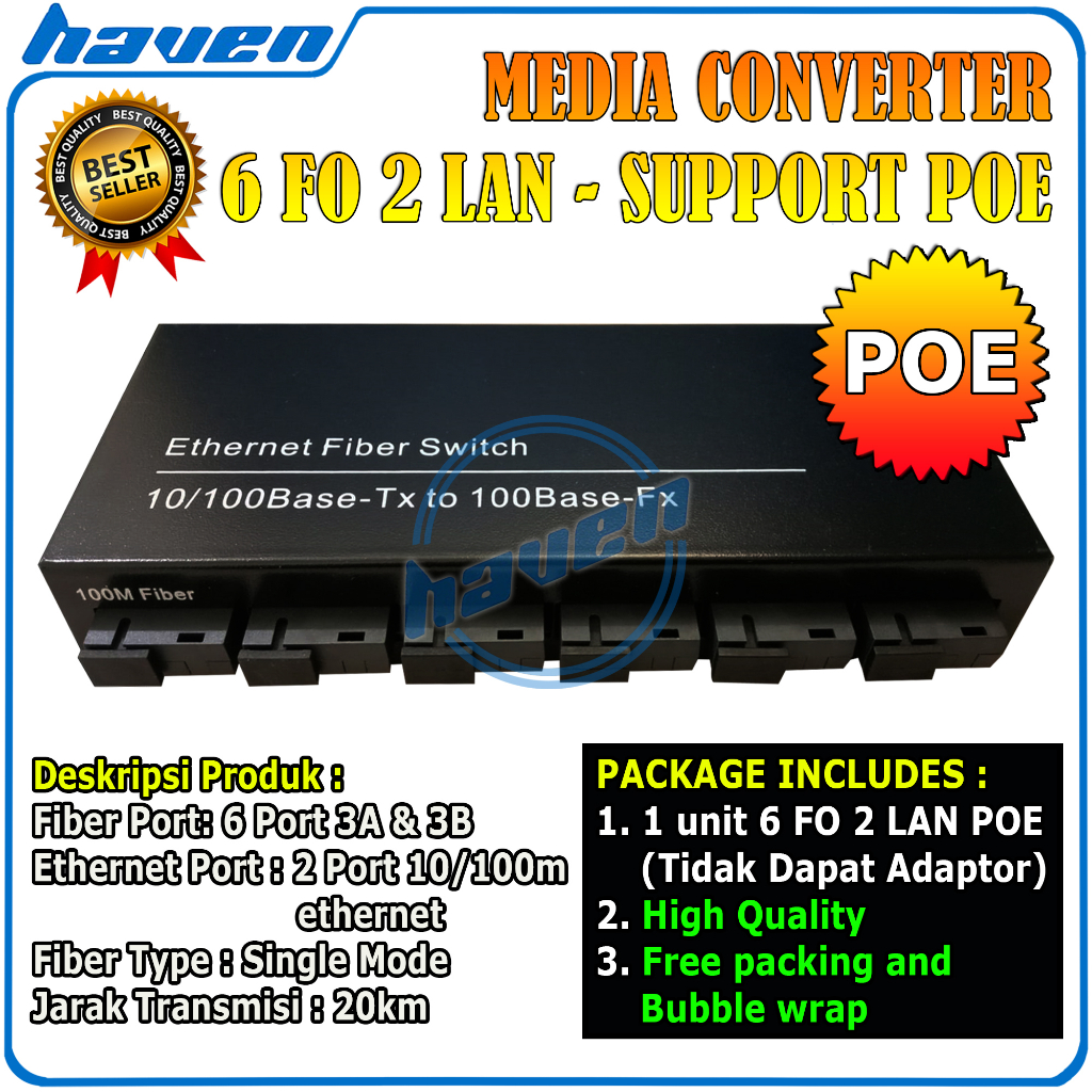 Media Converter 6 Port FO 2 Port LAN POE / 6 Port SC Fiber 2 Port RJ45 10/100 Mbps Fiber Optic