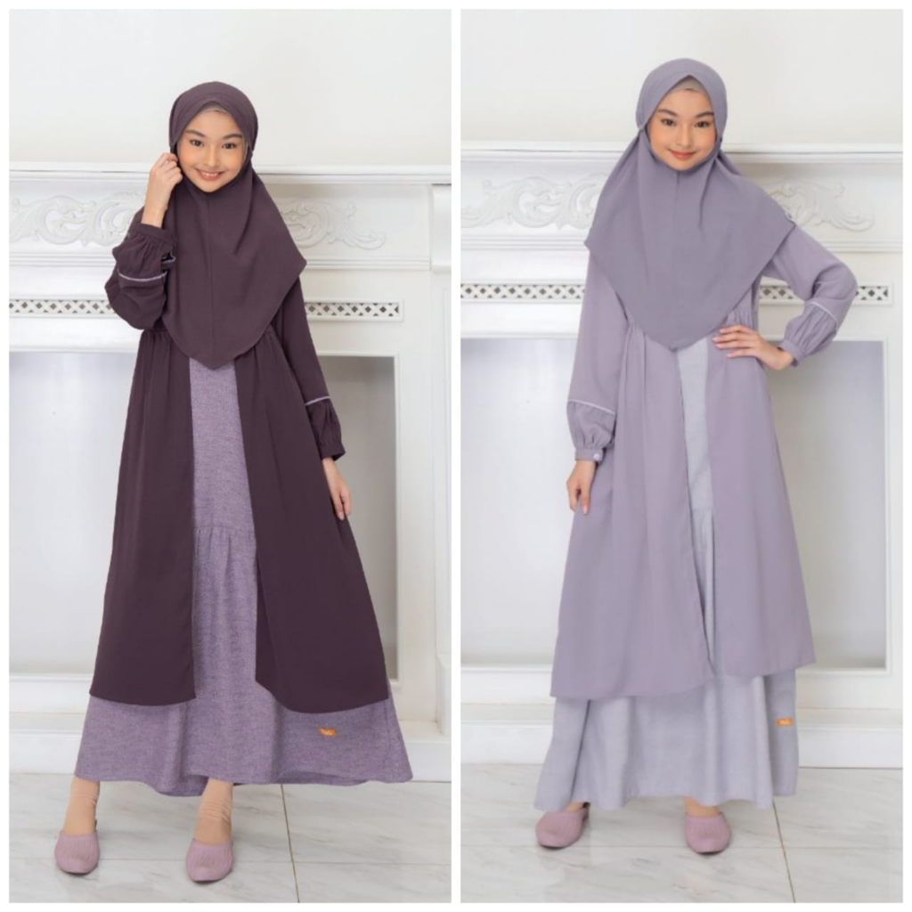 SET GAMIS ANAK PEREMPUAN DRESS BAJU BUSANA MUSLIM FAIDAA GREY LILAC PLUM BY NBRS NIBRAS FASHION BAHA
