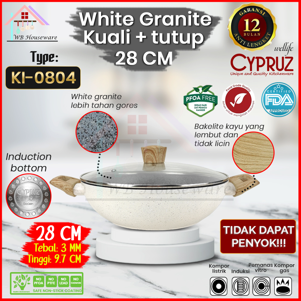 CYPRUZ Wok 28cm white granite series anti lengket / wajan panci masak kuali penggorengan tebal bisa 