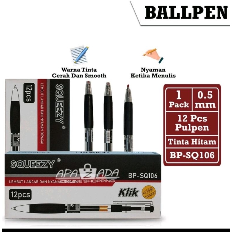 

Pulpen ballpen Tinta Hitam 0,5mm ( 1pack isi 12pcs pulpen) pena cetek squeezy