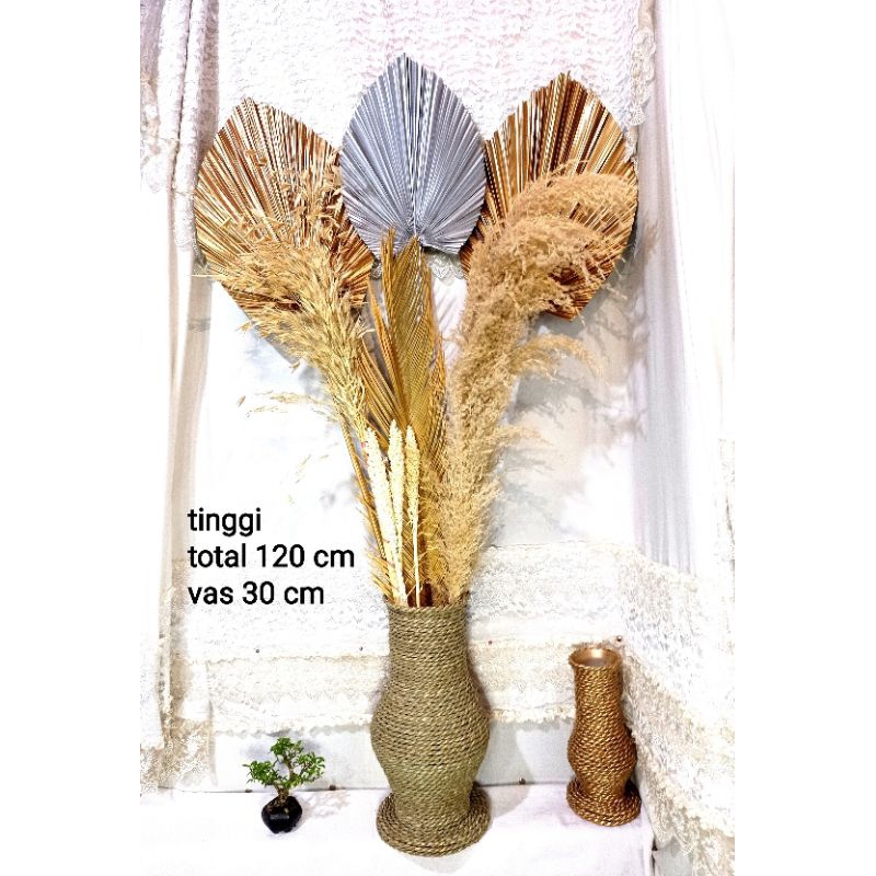 bunga kering dan daun palm paket lengkap untuk dekorasi sudut + vas 50cm