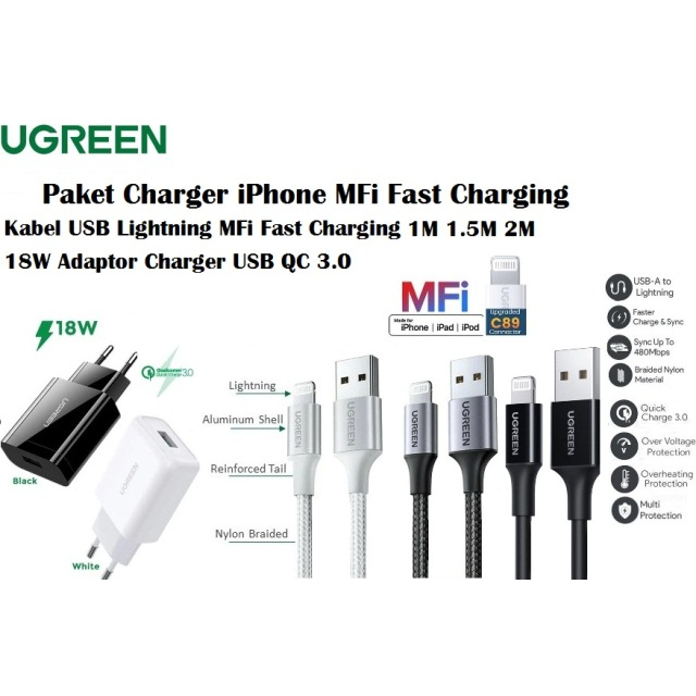 Ugreen Paket Charger iPhone MFi USB Lightning Fast Charger