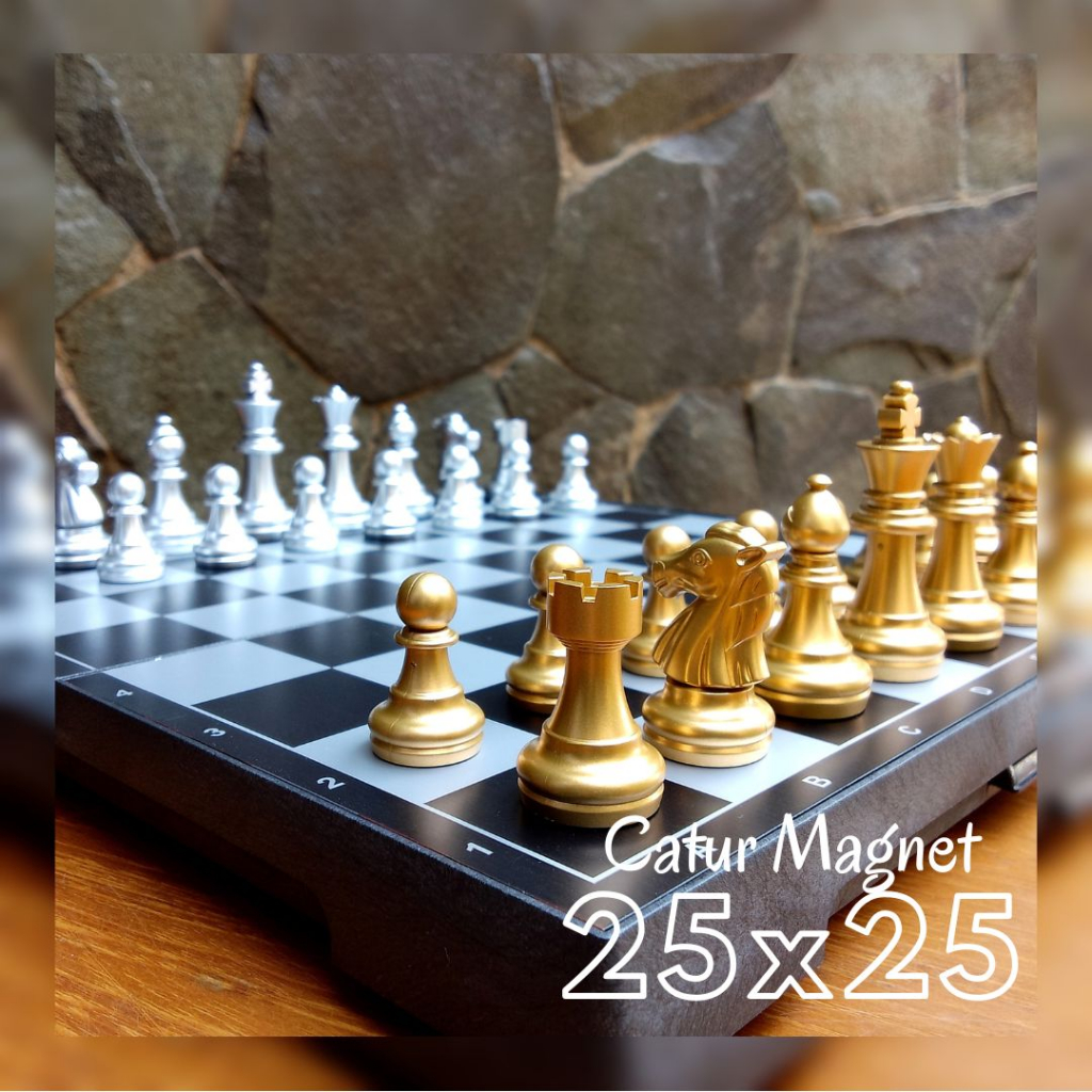 Catur Magnet 25x25 cm Bidak Emas Perak Papan Lipat - Silver Gold Chess 3810A