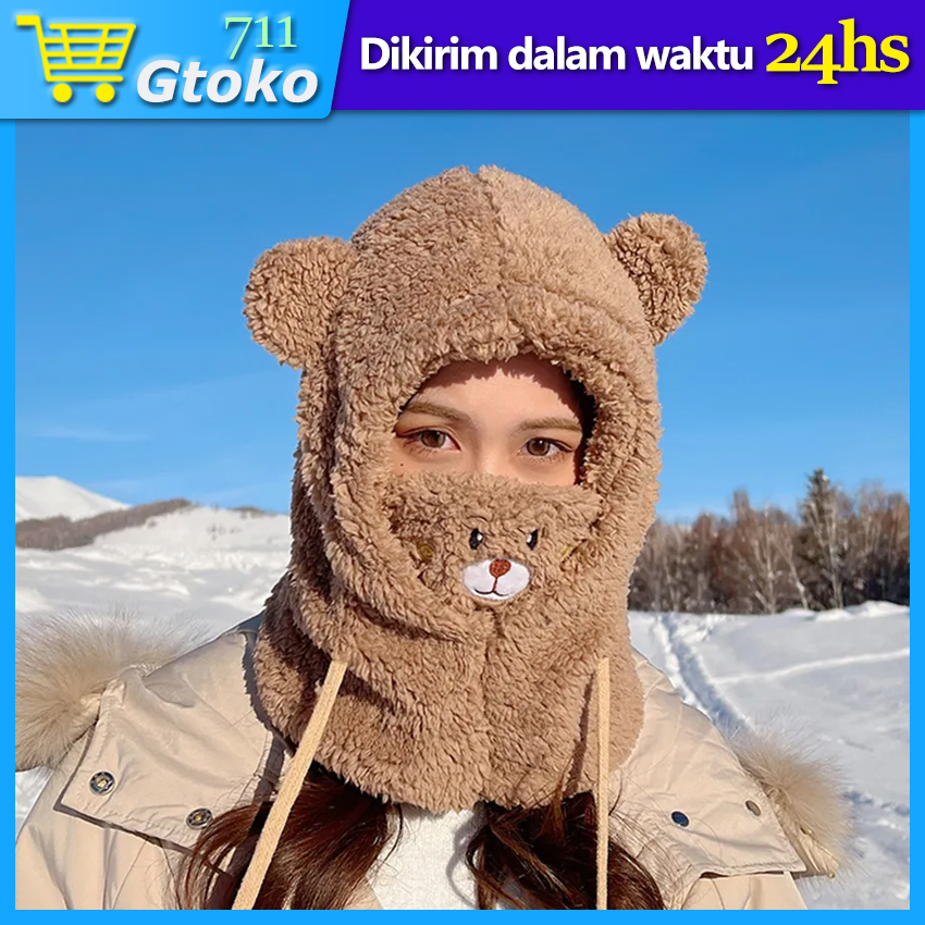 Topi Kupluk Beruang Telinga Lucu Korea Wanita Pria Topi Kupluk Syal Leher Musim Dingin