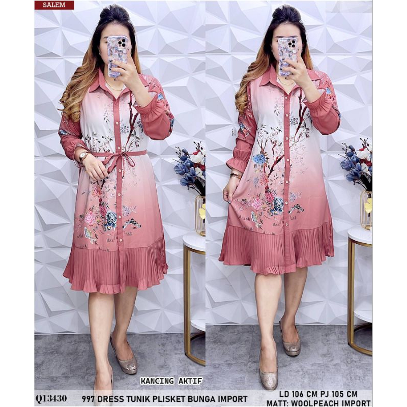 Dres 997 Dress Tunik Plisket Bunga Import Q13432
