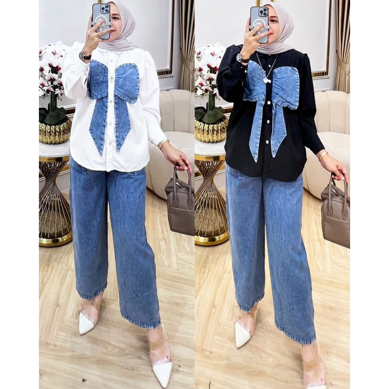 TATAOS BANGKOK ZARRA*** BY NILA JOLIE LAVENA ONE SET SETELAN KEMEJA RIBBON PITA & CELANA KULOT HIGHW