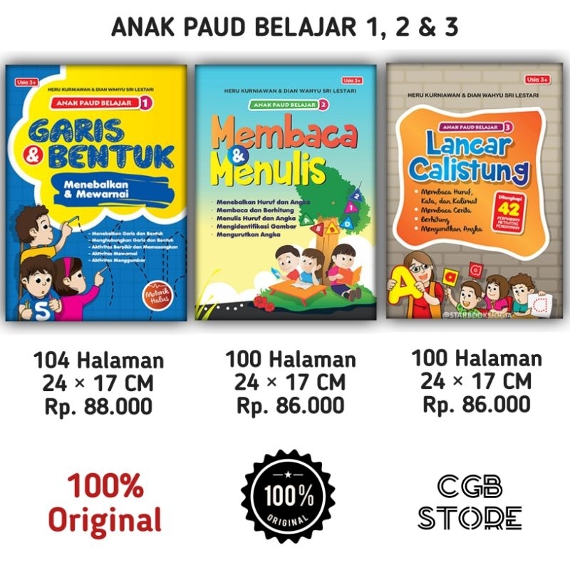 Anak PAUD Belajar 1, 2 & 3: Garis & Bentuk, Membaca & Menulis, Lancar Calistung / Buku PAUD Usia 3+