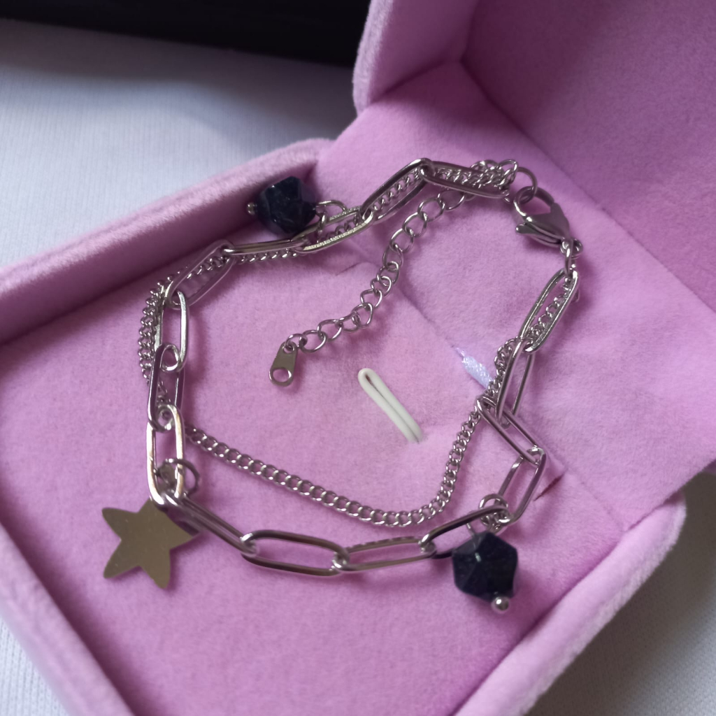 GELANG TITANIUM 2 LAYER BINTANG BATU GIOK